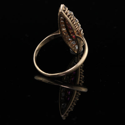 Antique Victorian 14K Yellow Gold, Rose Cut Diamond & Ruby Navette Ring - The Antique Parlour