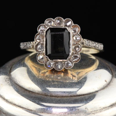 Edwardian 14K Yellow Gold, Sapphire & Rose Cut Diamond Cluster Ring