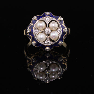 Antique Victorian 14K Yellow Gold, Diamond, Blue Enamel & Pearl Ring - The Antique Parlour
