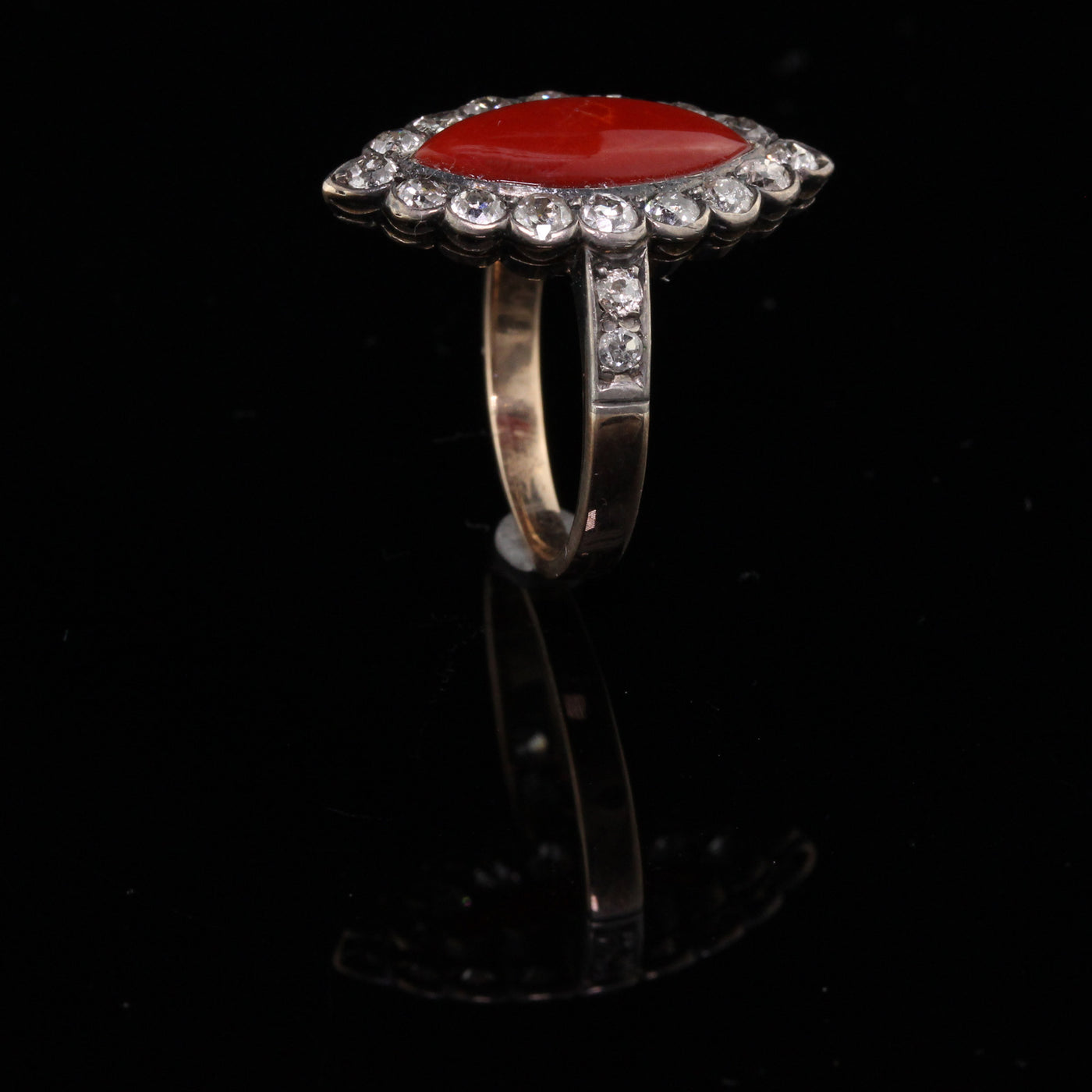 Antique Victorian 18K Yellow Gold Coral and Diamond Navette Ring - The Antique Parlour