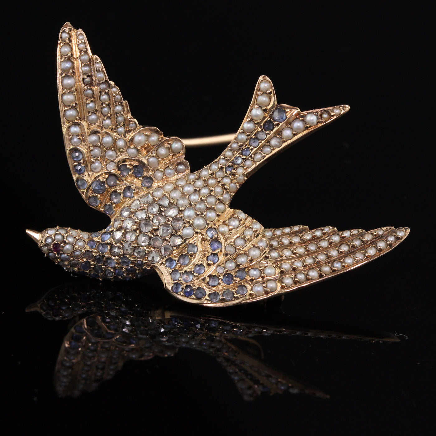 Antique Victorian Rose Gold, Rose Cut Diamond & Sapphire Bird Brooch