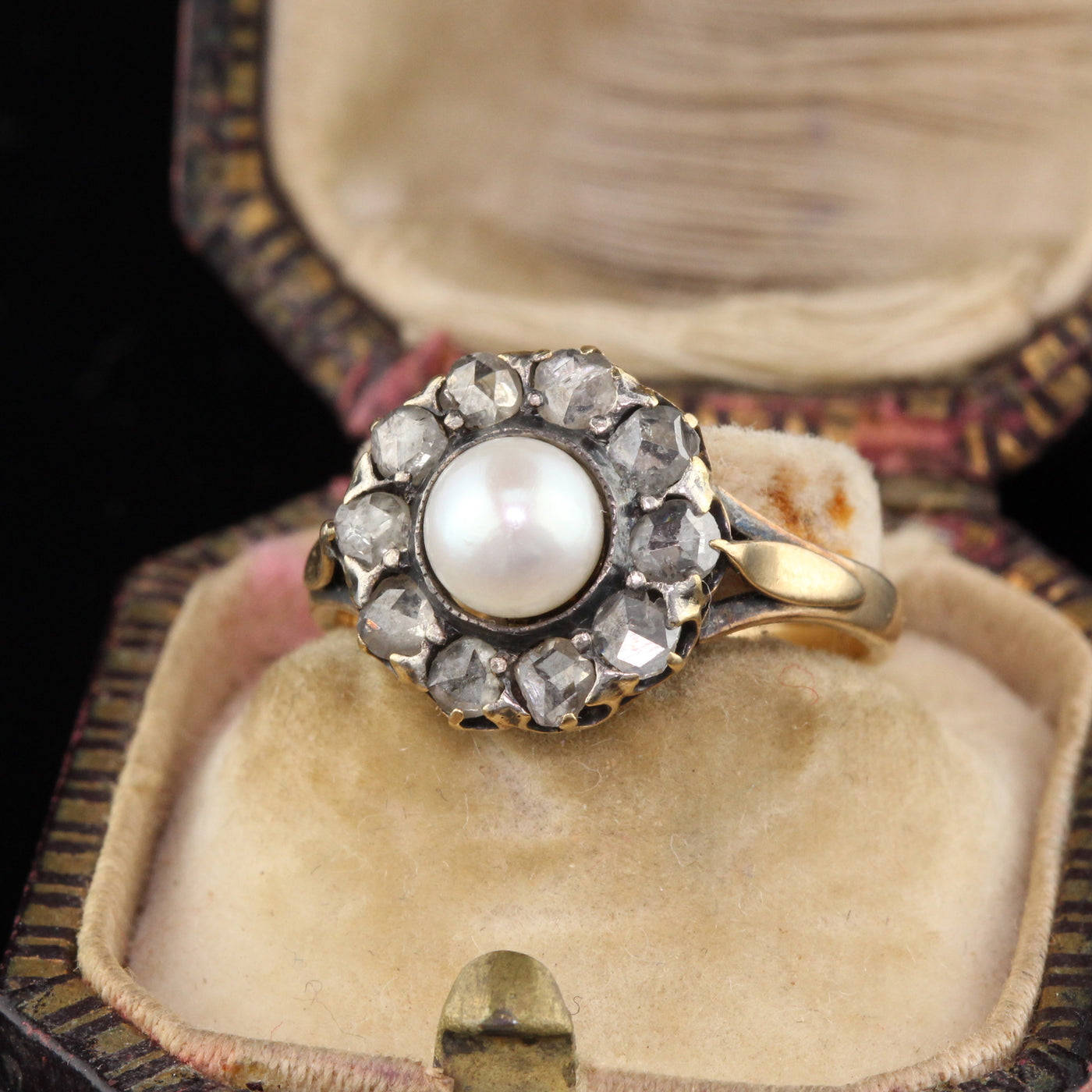 Antique Victorian 18K Yellow Gold Rose Cut Diamond & Pearl Cluster Ring - The Antique Parlour
