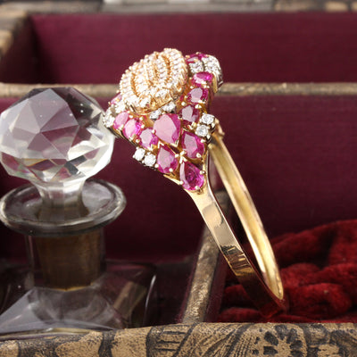 Vintage Retro 18K Yellow Gold 6 Diamond and Ruby Cuff Bangle Bracelet - The Antique Parlour