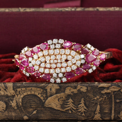 Vintage Retro 18K Yellow Gold 6 Diamond and Ruby Cuff Bangle Bracelet - The Antique Parlour