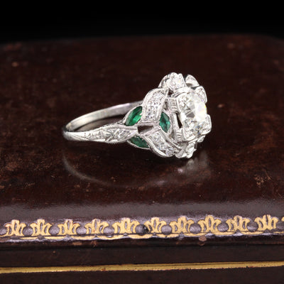 Antique Art Deco Platinum Diamond & Emerald Engagement Ring - The Antique Parlour