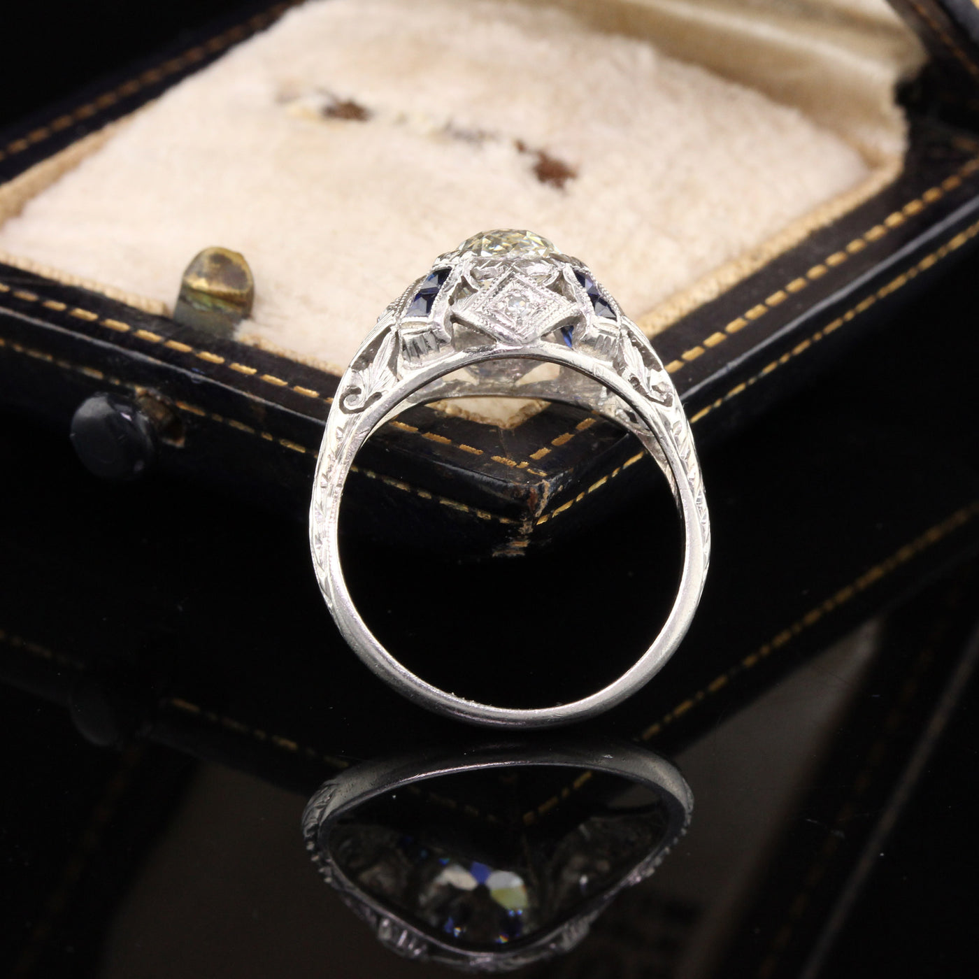 Antique Art Deco Platinum Old Mine Cut Diamond & Sapphire Engagement Ring - The Antique Parlour