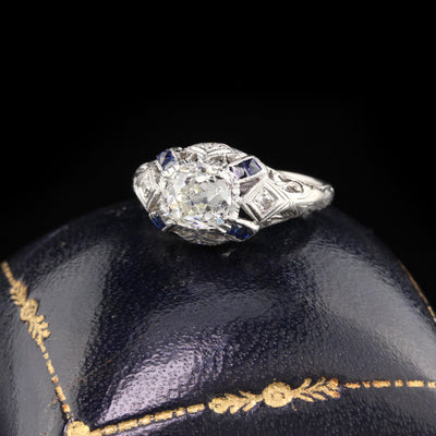 Antique Art Deco Platinum Old Mine Cut Diamond & Sapphire Engagement Ring - The Antique Parlour
