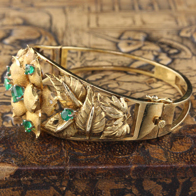 Vintage 18K Yellow Gold Floral Columbian Emerald and Diamond Cuff Bracelet