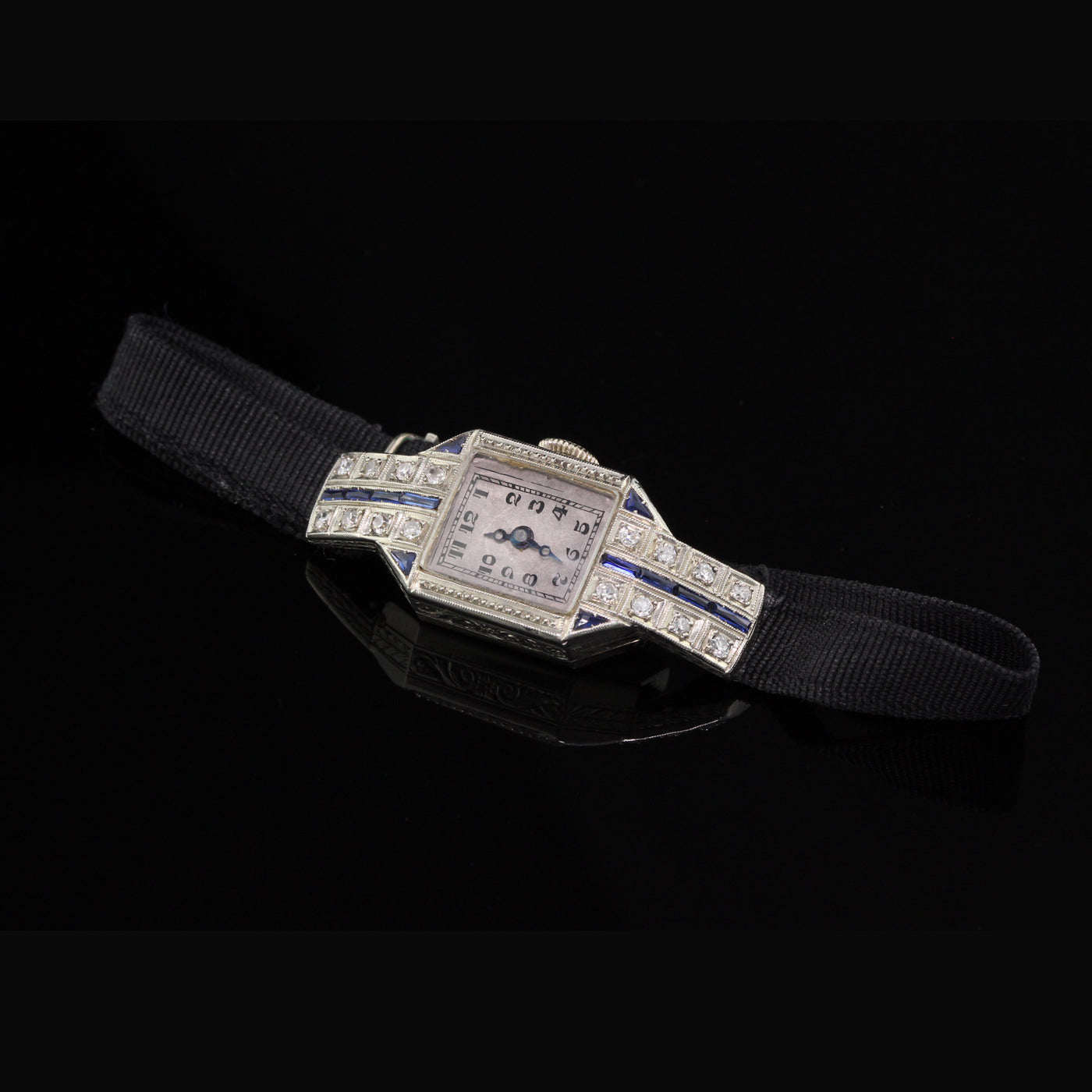 Antique Art Deco 18K White Gold Sapphire & Diamond Evening Watch
