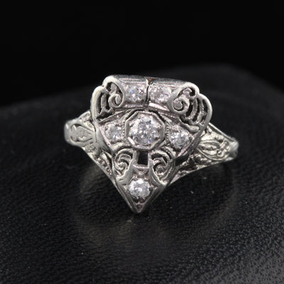 Antique Art Deco Platinum & Diamond Shield Ring - The Antique Parlour