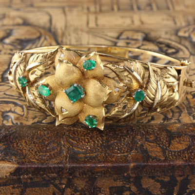 Vintage 18K Yellow Gold Floral Columbian Emerald and Diamond Cuff Bracelet