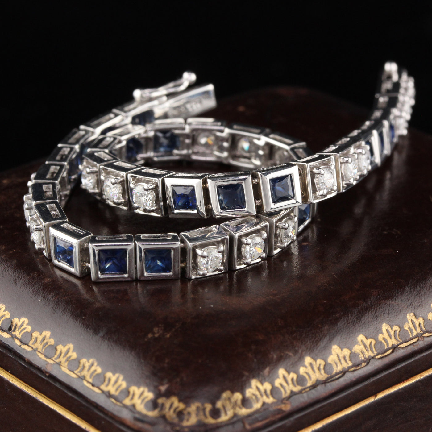 Art Deco Style 18K White Gold, Diamond & Sapphire Tennis Bracelet - The Antique Parlour