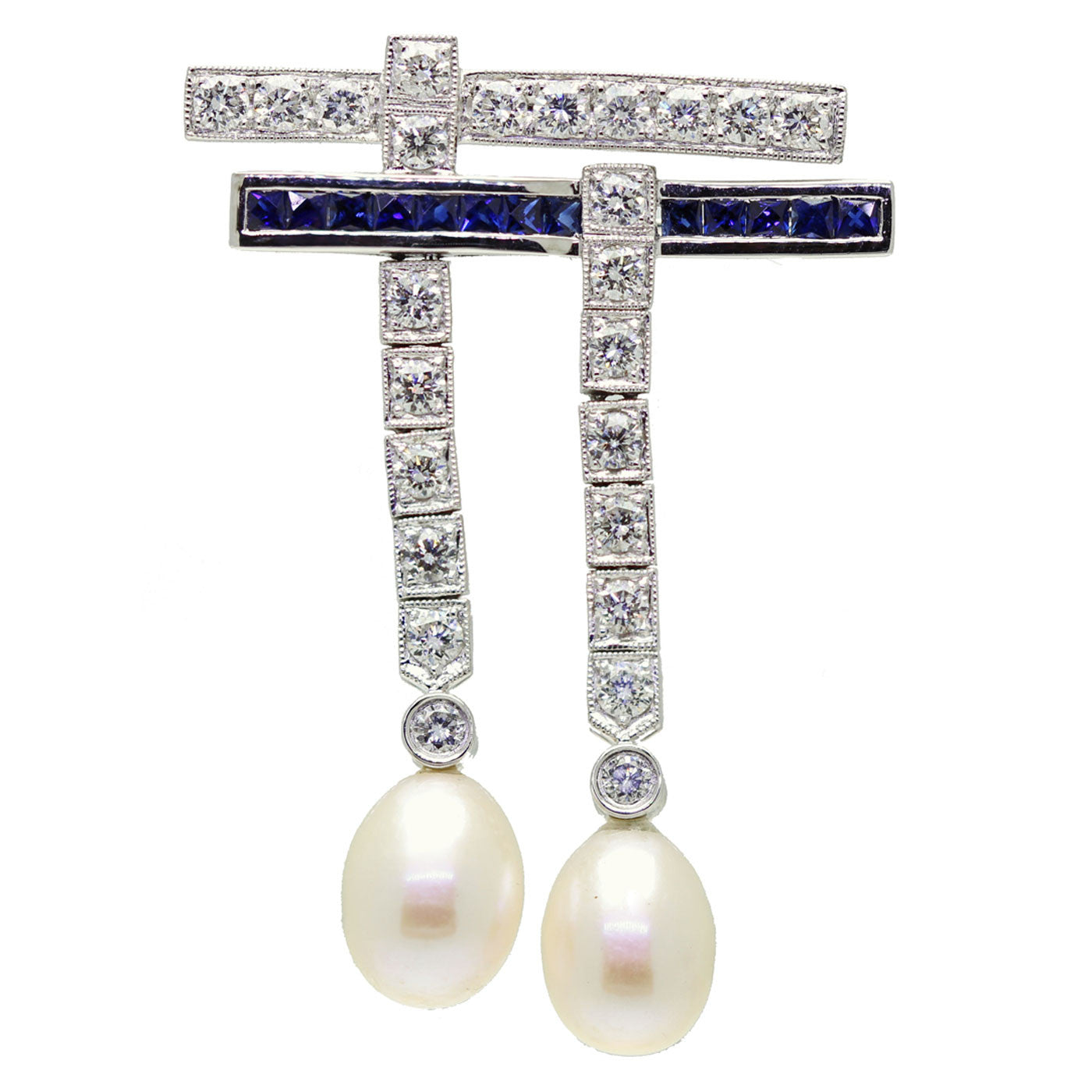 Art Deco Style Platinum, Diamond, Sapphire & Pearl Pin Brooch - The Antique Parlour