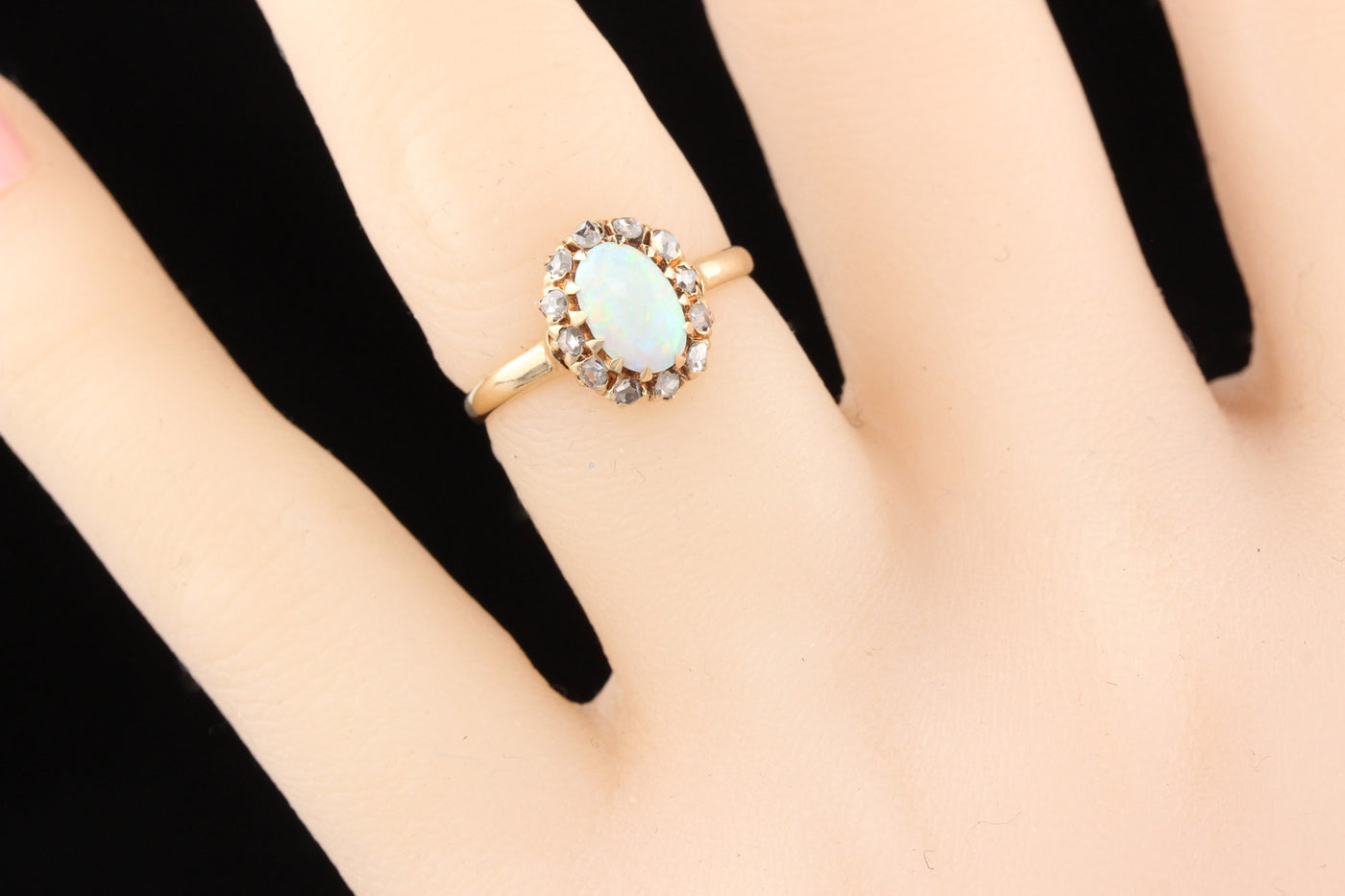 Antique Victorian 14K Yellow Gold Opal & Rose Cut Diamond Cluster Ring - The Antique Parlour