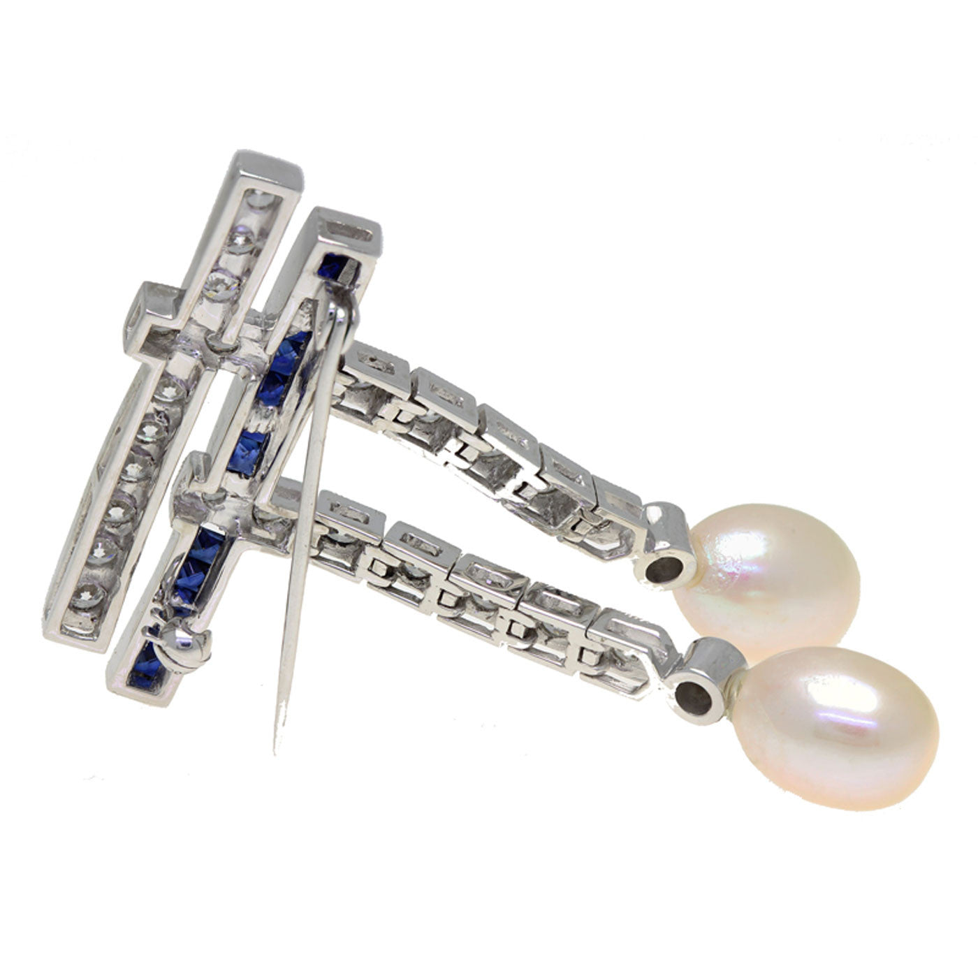 Art Deco Style Platinum, Diamond, Sapphire & Pearl Pin Brooch - The Antique Parlour