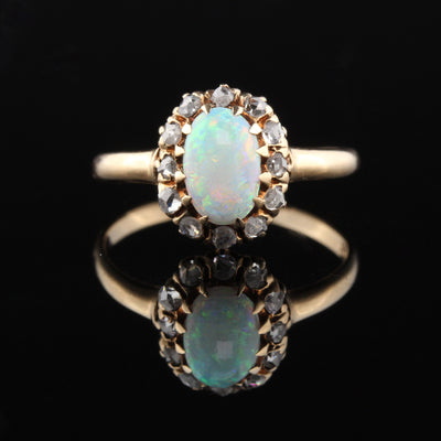 Antique Victorian 14K Yellow Gold Opal & Rose Cut Diamond Cluster Ring - The Antique Parlour