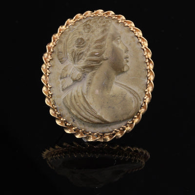 Antique 14K Yellow Gold Cameo Carved Stone Pin - Handmade - The Antique Parlour