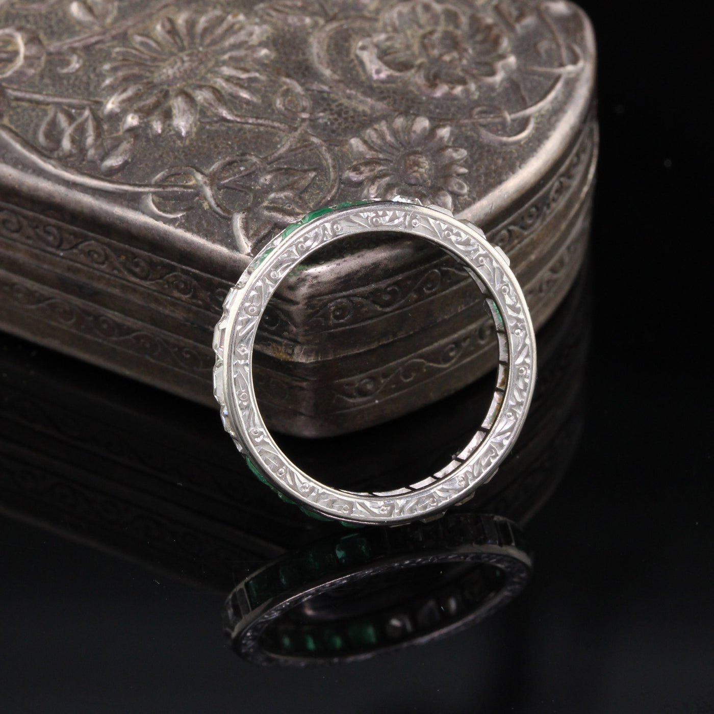 Art Deco Platinum Asscher Cut Diamond  Emerald Wedding Band - Size 7.5
