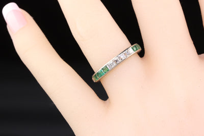 Art Deco Platinum Asscher Cut Diamond  Emerald Wedding Band - Size 7.5