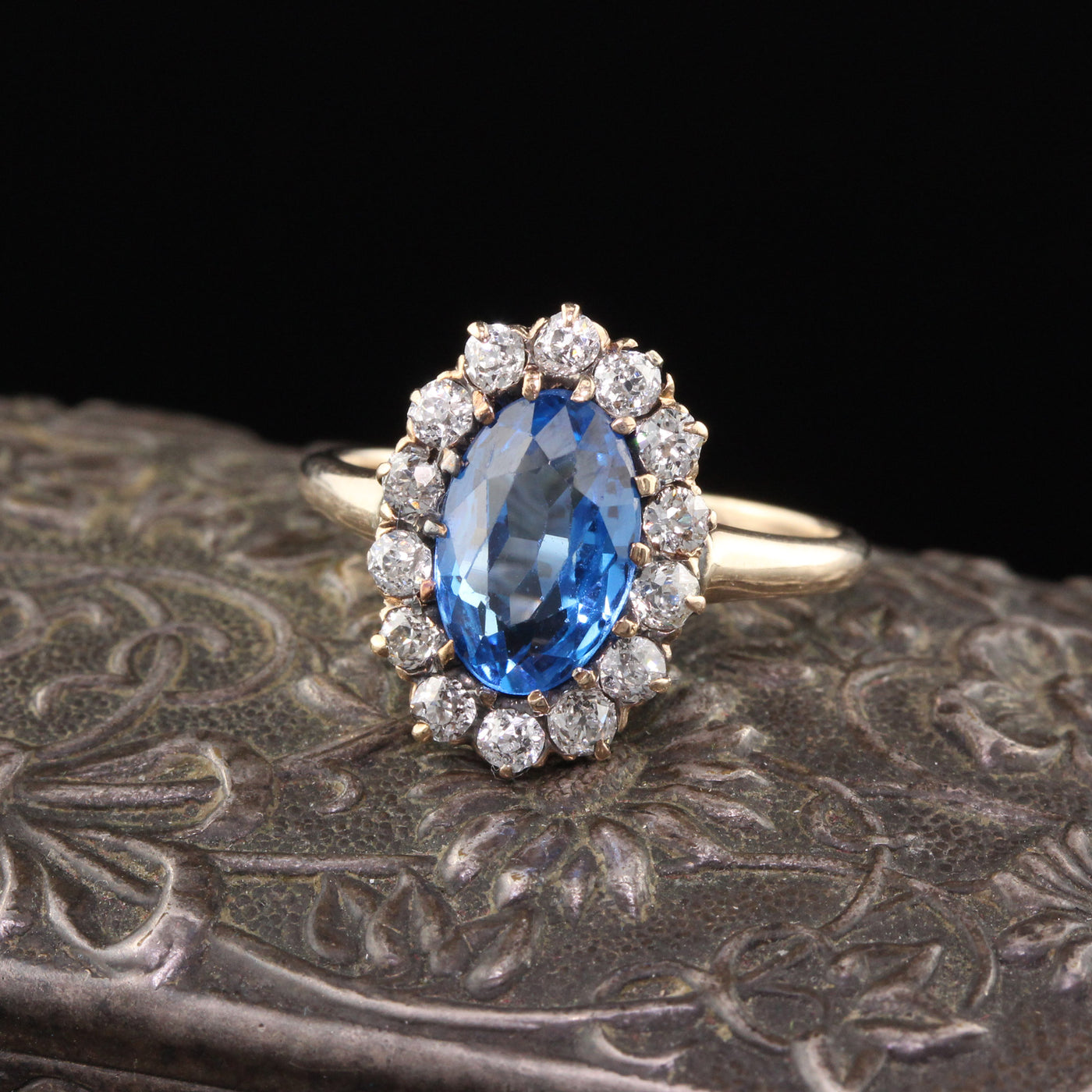 Antique Victorian 14K Yellow Gold Blue Spinel & Diamond Cluster Ring - The Antique Parlour