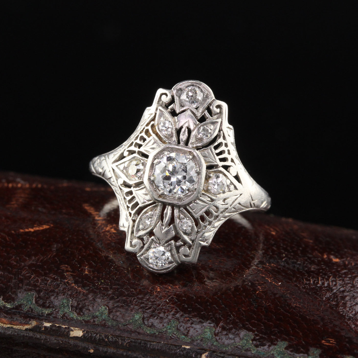 Antique Edwardian Platinum Diamond Shield Ring - The Antique Parlour