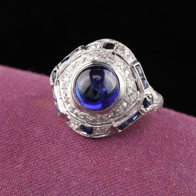 Antique Art Deco Platinum Diamond & Cabochon Sapphire Cocktail Ring - The Antique Parlour