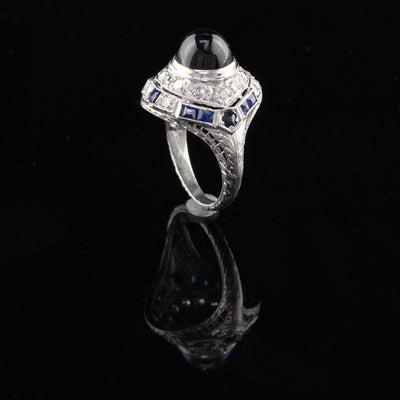 Antique Art Deco Platinum Diamond & Cabochon Sapphire Cocktail Ring - The Antique Parlour