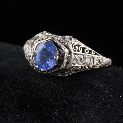 Antique Art Deco Platinum Diamond & Ceylon Sapphire Engagement Ring - The Antique Parlour
