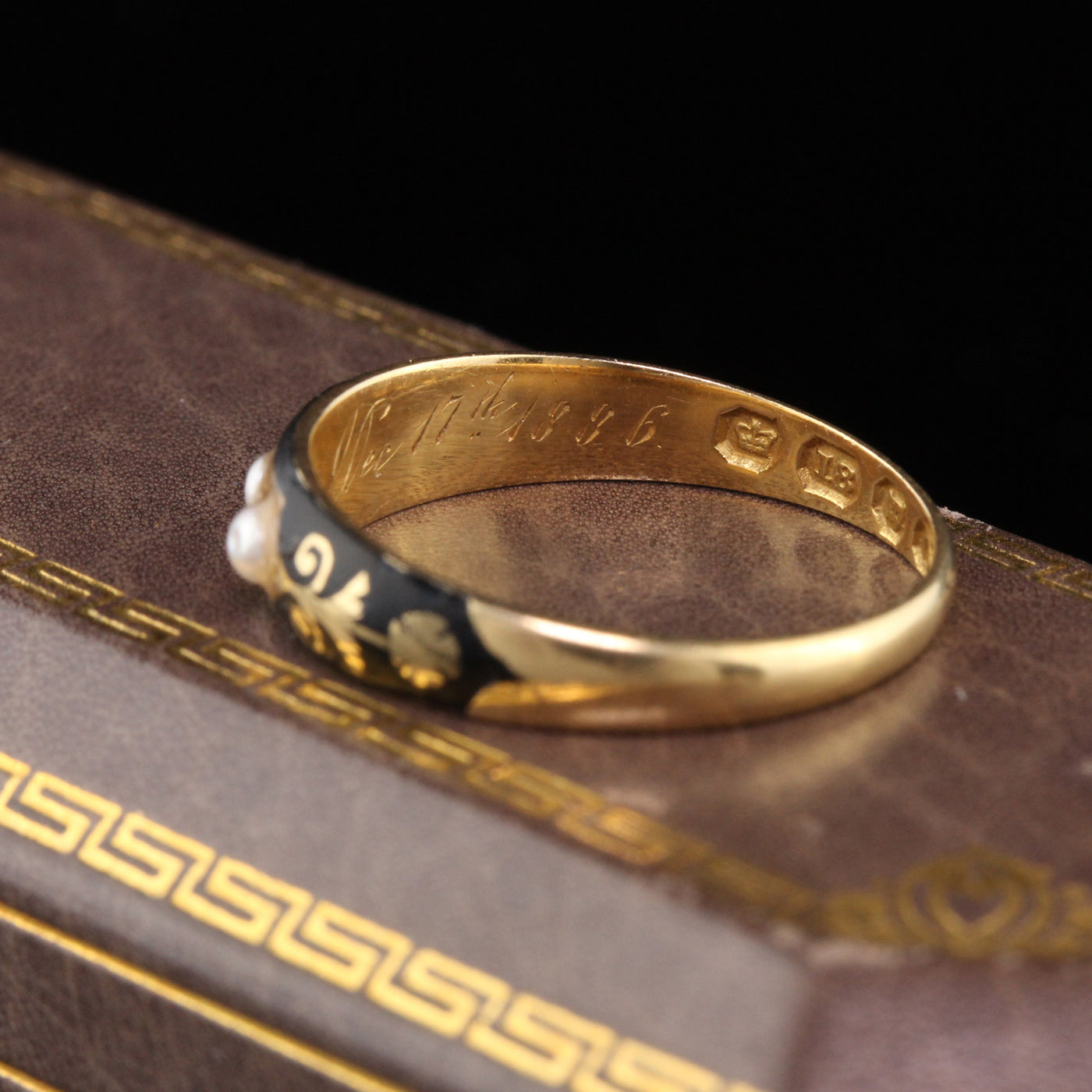Circa 1836 - Antique Georgian 18K Yellow Gold Black Enamel & Pearl Mourning Band Ring - The Antique Parlour