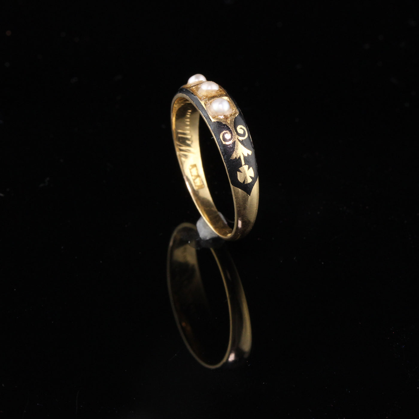 Circa 1836 - Antique Georgian 18K Yellow Gold Black Enamel & Pearl Mourning Band Ring - The Antique Parlour