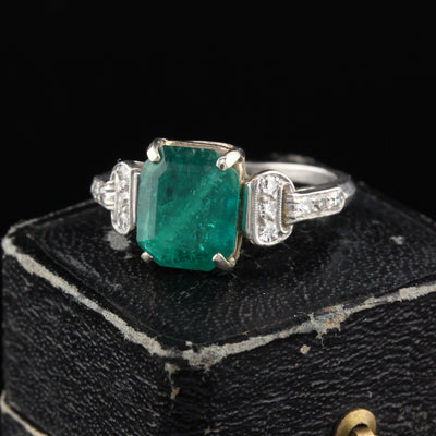 Antique Art Deco Platinum Emerald & Diamond Cocktail Ring - The Antique Parlour