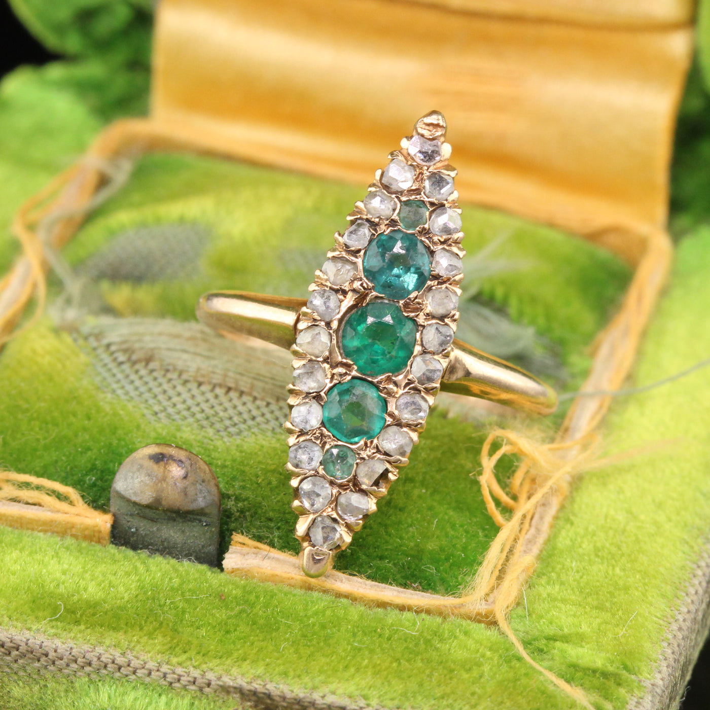 Antique Victorian 14K Rose Gold Emerald & Diamond Navette Ring - The Antique Parlour