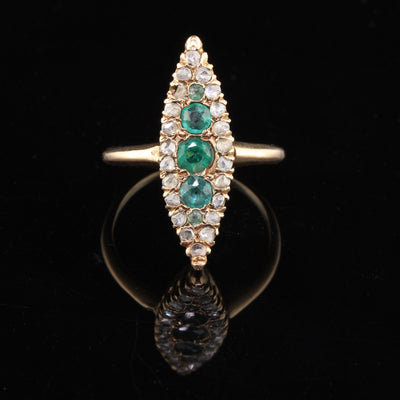 Antique Victorian 14K Rose Gold Emerald & Diamond Navette Ring - The Antique Parlour
