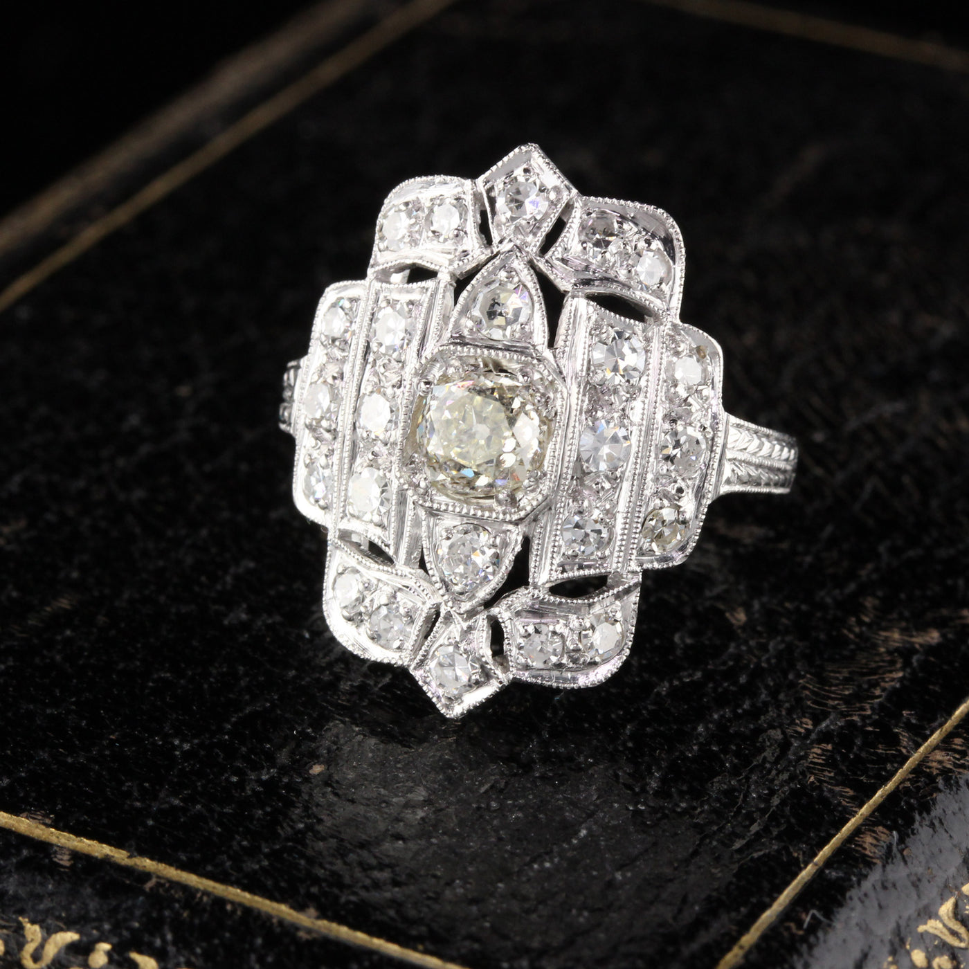 Antique Art Deco Platinum Diamond Shield Ring - The Antique Parlour