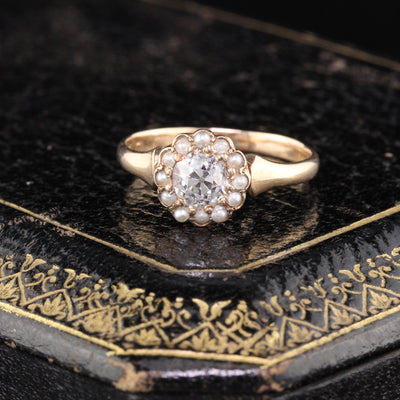 Antique Victorian 14K Rose Gold Diamond & Seed Pearl Engagement Ring - The Antique Parlour
