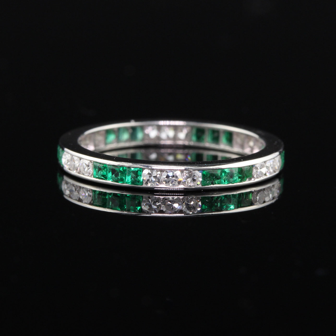 Antique Art Deco Platinum Emerald & Diamond Eternity Band - Size 5 - The Antique Parlour