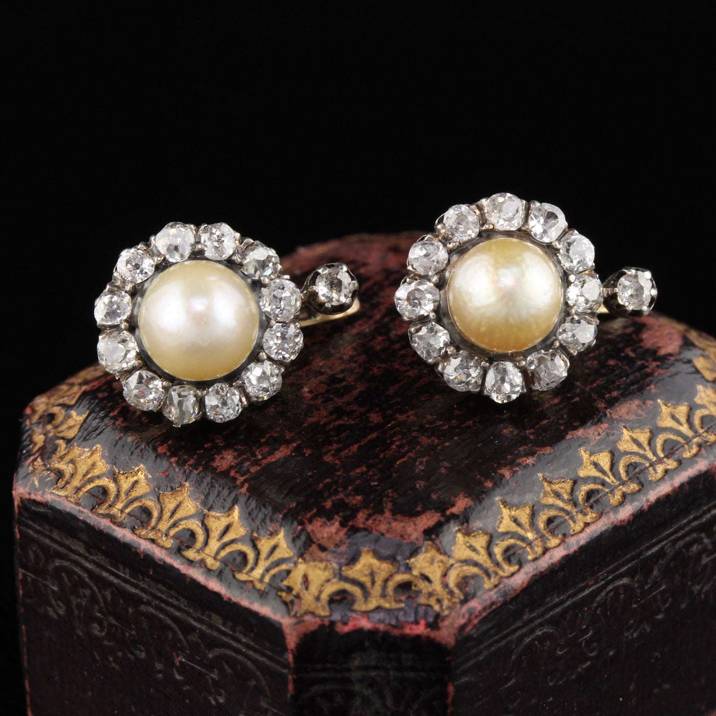 Antique Victorian Yellow Gold French Diamond & Natural Pearl Cluster Earrings GIA