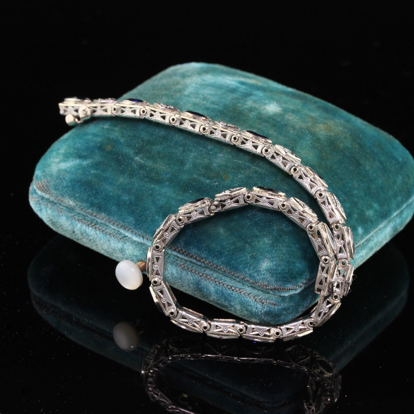 Antique Art Deco 14K White Gold Diamond & Sapphire Bracelet