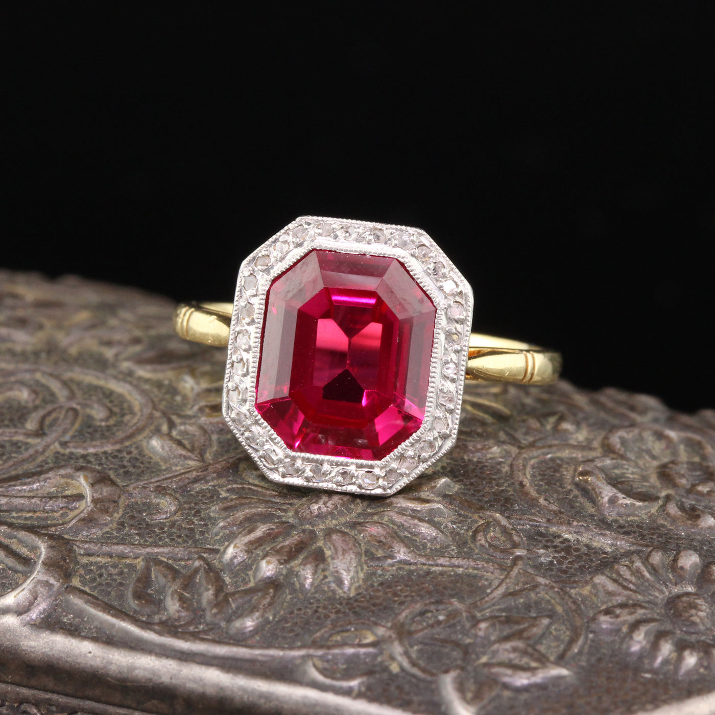 Edwardian Yellow Gold Platinum Top French Synthetic Ruby  Diamond Ring