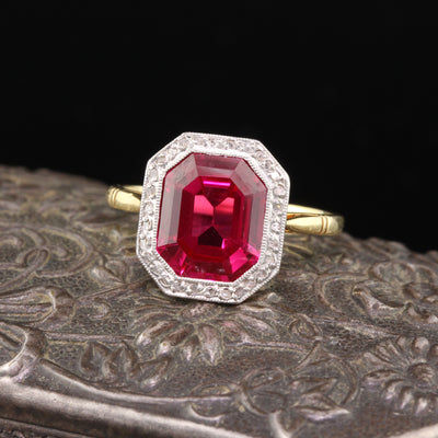 Edwardian Yellow Gold Platinum Top French Synthetic Ruby  Diamond Ring