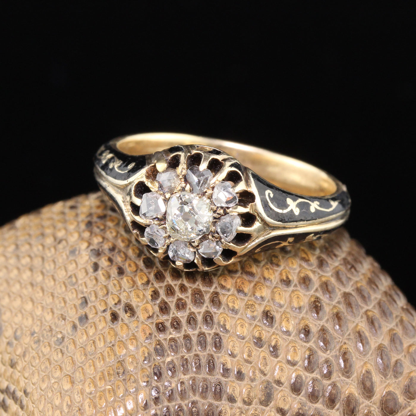 Antique Victorian Yellow Gold Diamond & Enamel Cluster Engagement Ring