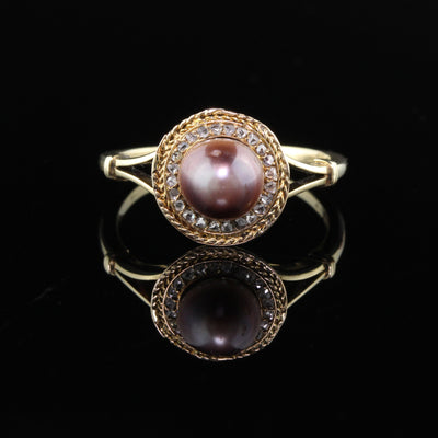 Antique 18K Yellow Gold Natural Pearl & Rose Cut Diamond Ring - The Antique Parlour