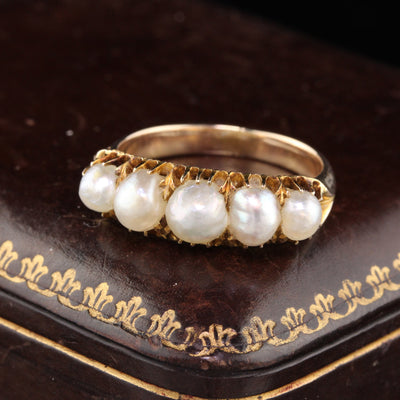 Antique Victorian 14K Yellow Gold Natural Pearl 5-Stone Half Hoop Ring - The Antique Parlour