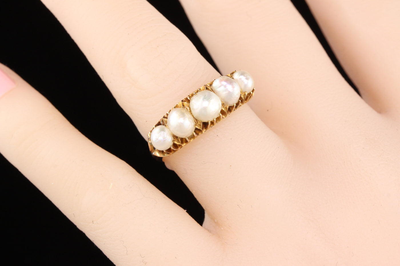 Antique Victorian 14K Yellow Gold Natural Pearl 5-Stone Half Hoop Ring - The Antique Parlour