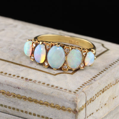 Antique Victorian 18K Yellow Gold Opal & Rose Cut Diamond 5-Stone Half Hoop Ring