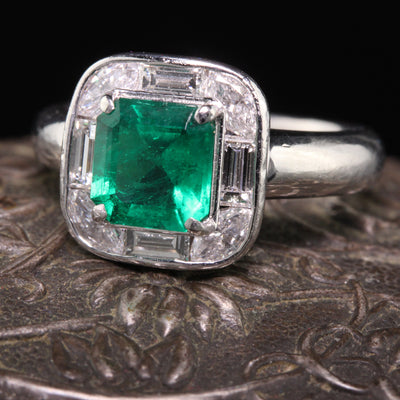 Vintage Retro Platinum Colombian Emerald & Diamond Ring - GIA Certified! - The Antique Parlour