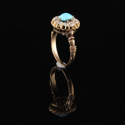 Antique Victorian 14K Yellow Gold Turquoise & Diamond Cluster Ring