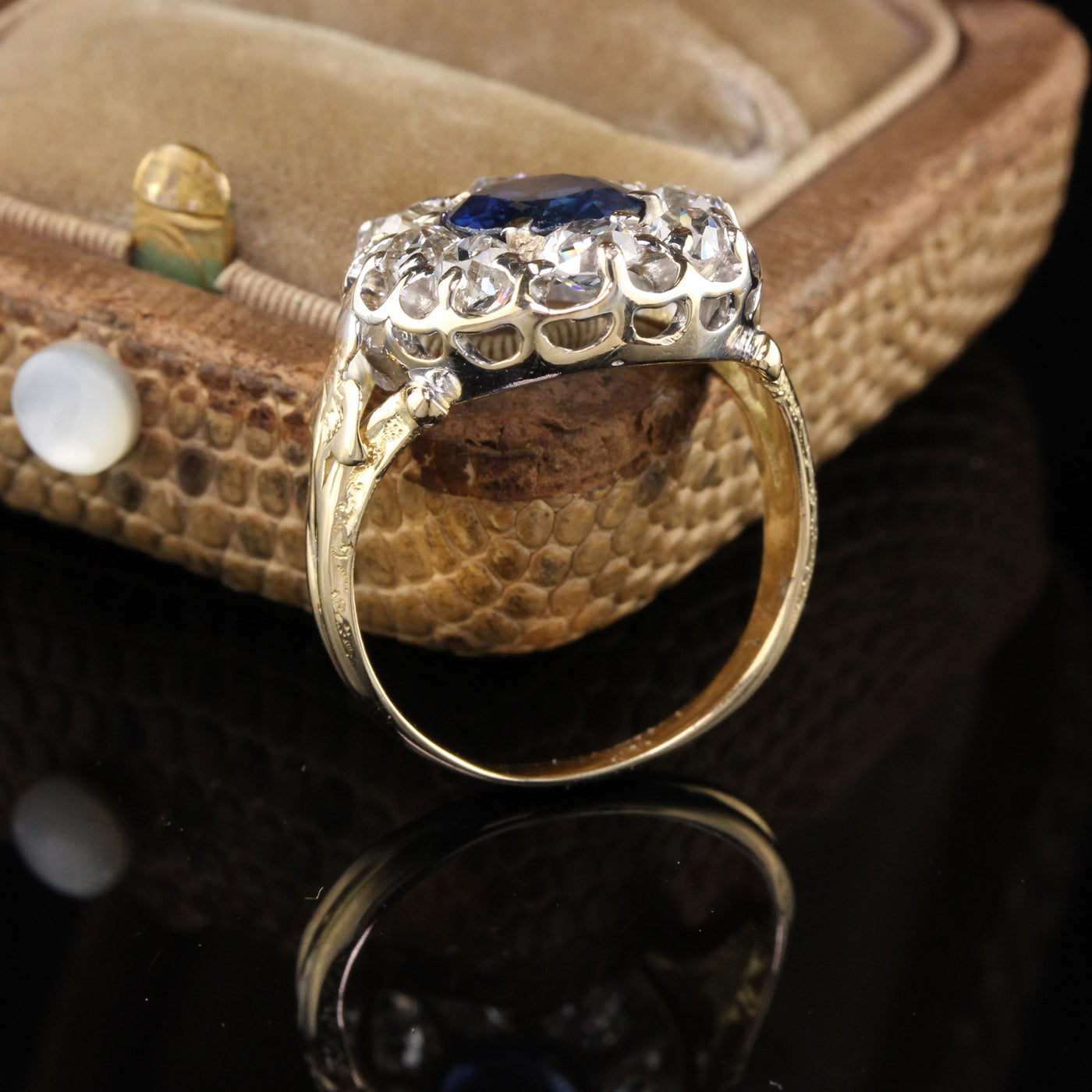 Edwardian 18K Yellow Gold Platinum Top Sapphire & Diamond Cluster Ring