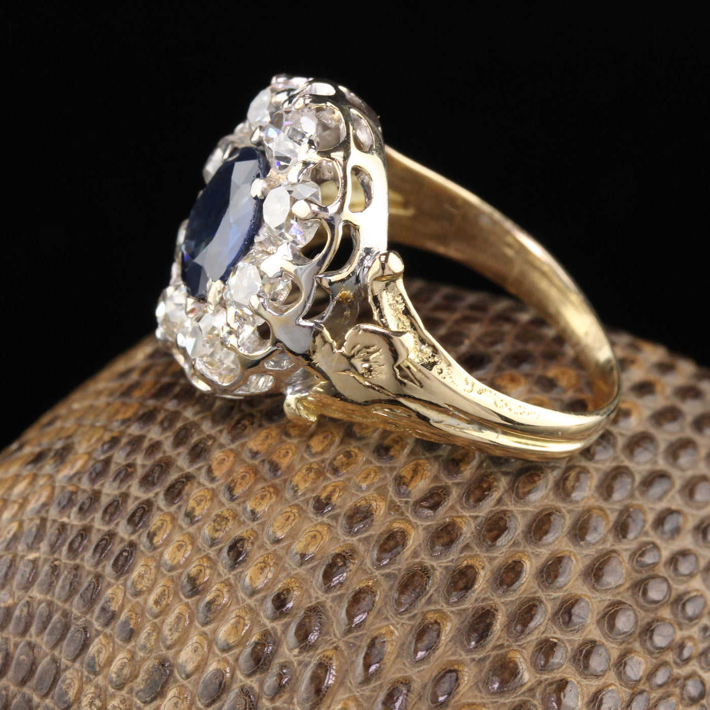 Edwardian 18K Yellow Gold Platinum Top Sapphire & Diamond Cluster Ring
