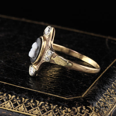Antique Victorian 12K Yellow Gold Black Cameo & Diamond Ring
